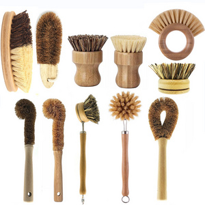 Natural Kitchen Dish Pot washing brush Beech wood and Bamboo Round Sisal Bristle Pot Brush Dish cleaning Brush