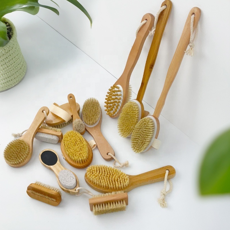 OEM Wholesale Private Label Custom Logo Natural Sisal Vegan Boar Bristle Brushes Wet Brushing Bamboo Wooden Dry Body Bath Brush