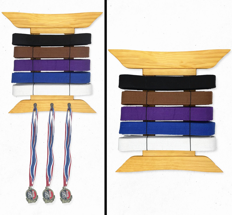 Custom Wooden Brazilian Jiu Jitsu Belt Display Rack With Medals Hanger from White to Black Belt, Martial Arts Belt Holder Case