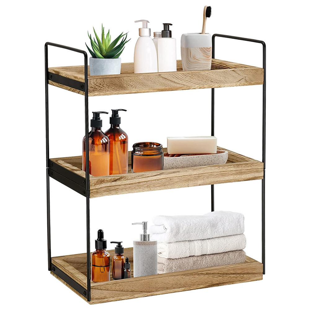 wood 3 Tier Bathroom Counter Organizer, Counter Standing Rack Cosmetic Holder  Bathroom Counter Tray and Kitchen Spice  Shelf