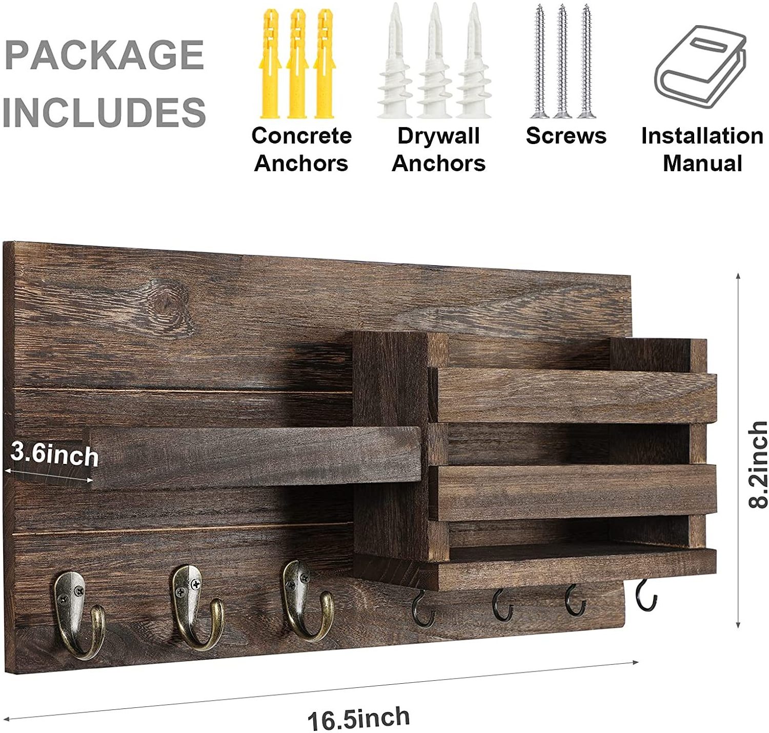 Customized Wooden Mail Organizer for Wall Mount  Key Holder with Shelf Includes Letter Holder and Hooks for Coats, Dog Leashes