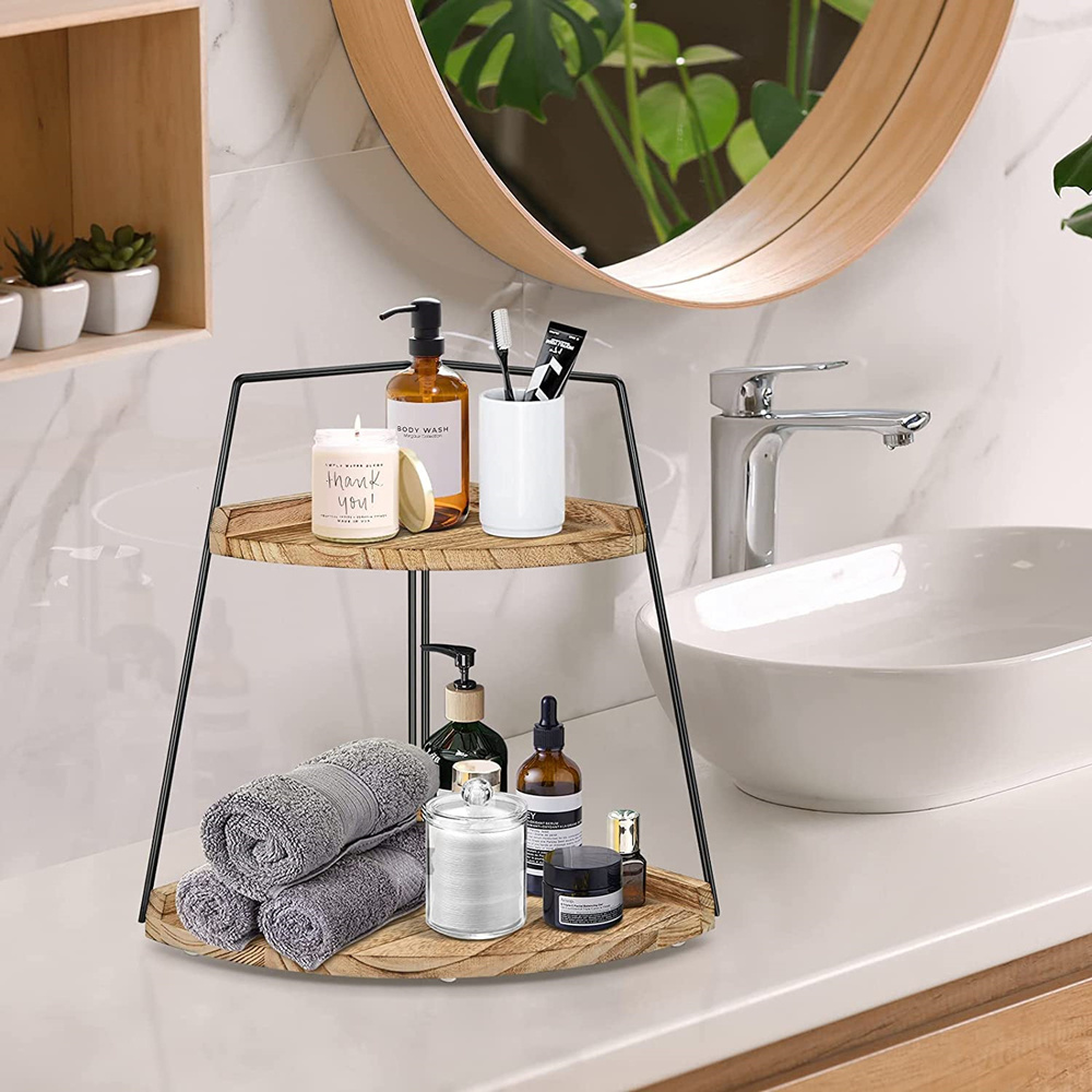 Wood 2 Tier Bathroom Counter Organizer, Bathroom Countertop Organizer Corner Storage Shelf Counter Standing Rack