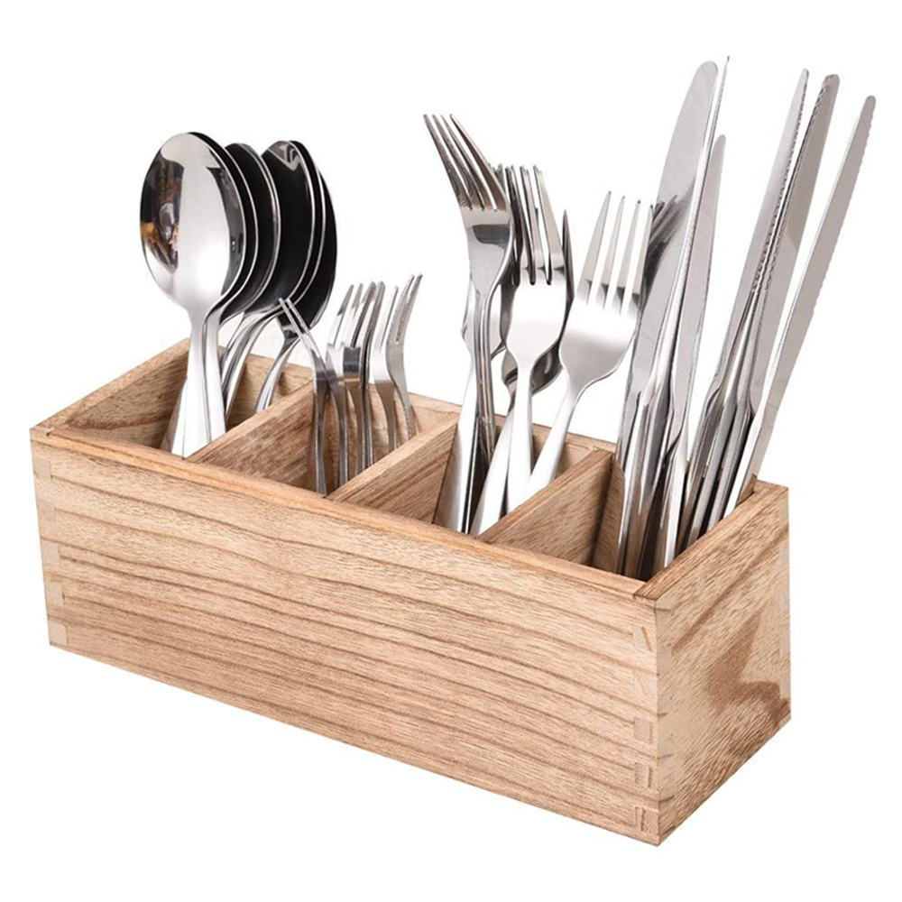 Wooden Kitchen Utensil Organizer with 4 Adjustable Smart Compartments, Silverware Storage Kitchen Countertop Flatware Organizer