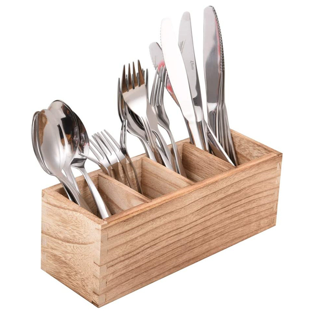 Wooden Kitchen Utensil Organizer with 4 Adjustable Smart Compartments, Silverware Storage Kitchen Countertop Flatware Organizer