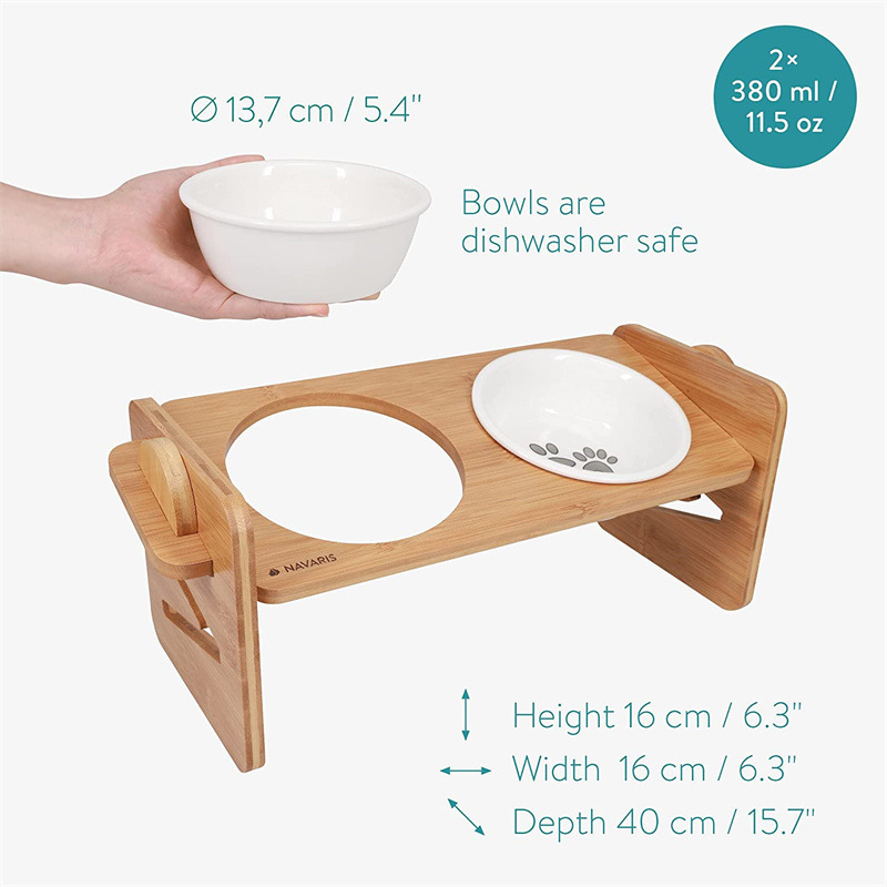 Bamboo Adjustable Raised Dog Bowl Stand Pet Feeder for Dogs and Cats Dog Food Bowl Stand with 2 Dishwasher Safe Bowls