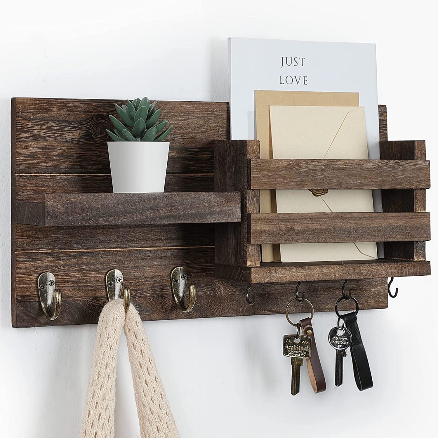 Customized Wooden Mail Organizer for Wall Mount  Key Holder with Shelf Includes Letter Holder and Hooks for Coats, Dog Leashes