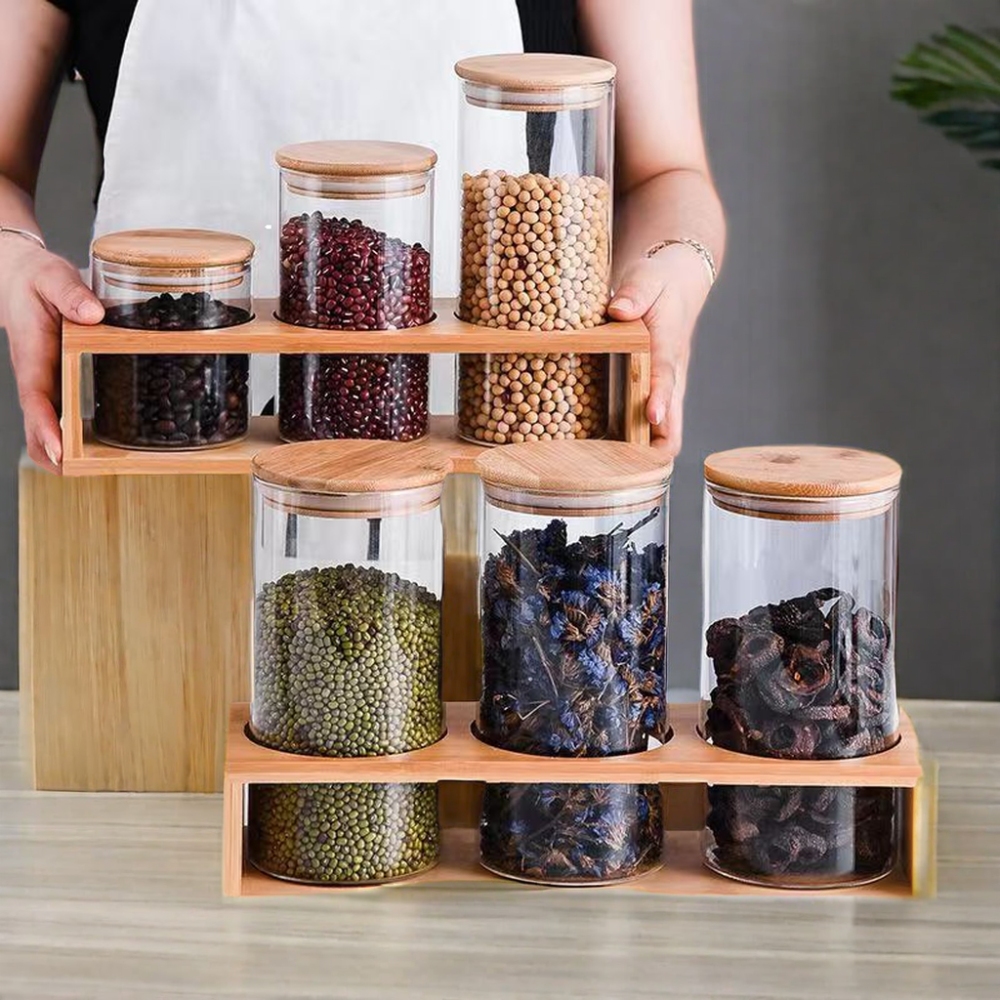 Hot Selling Classic Design round Glass Storage Jars with Bamboo Lids Kitchen Airtight Food and Spice Organizer