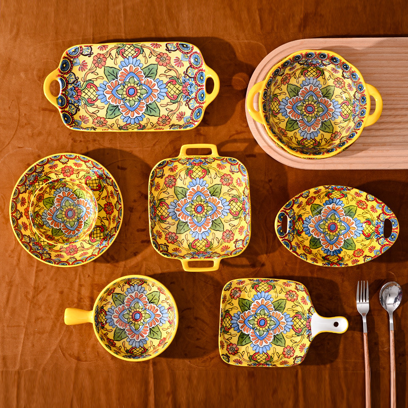 Bohemian Dinnerware Sets Modern Tableware yellow flower design Ceramic Dinner Set For Home restaurant holiday