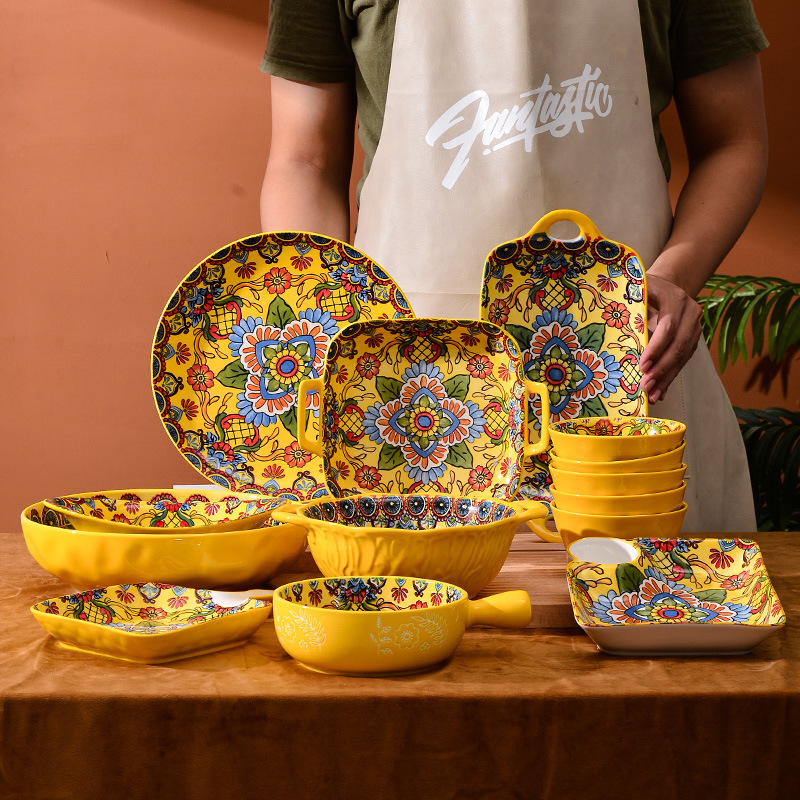 Bohemian Dinnerware Sets Modern Tableware yellow flower design Ceramic Dinner Set For Home restaurant holiday