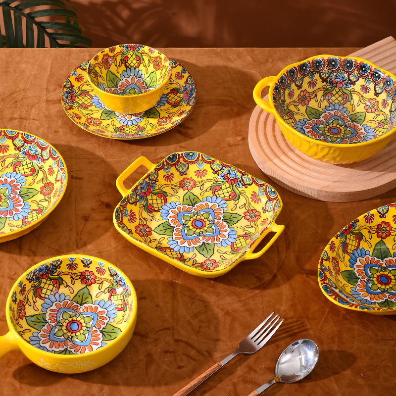 Bohemian Dinnerware Sets Modern Tableware yellow flower design Ceramic Dinner Set For Home restaurant holiday