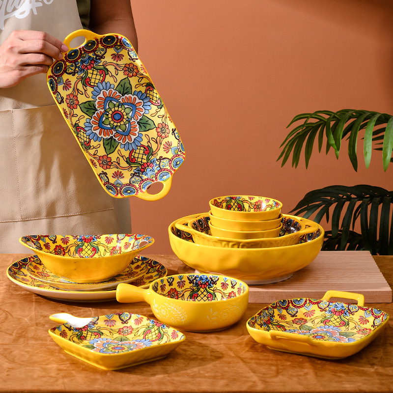 Bohemian Dinnerware Sets Modern Tableware yellow flower design Ceramic Dinner Set For Home restaurant holiday