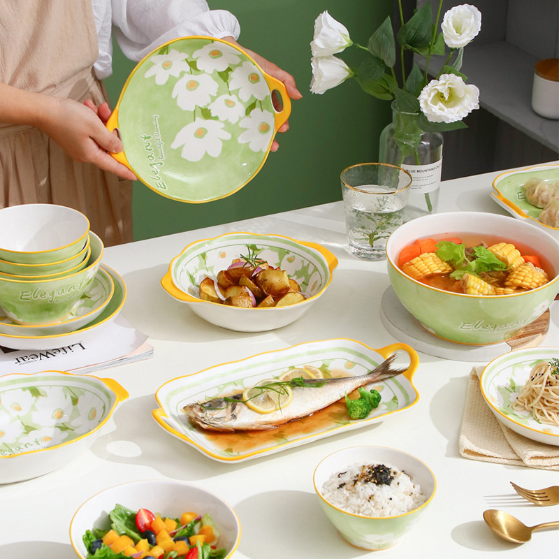 Home And Kitchen Use Tableware Pale Green Flowers Printed Ceramic Bowls Plates And Soup Pot A Set With Gift Box For Gift