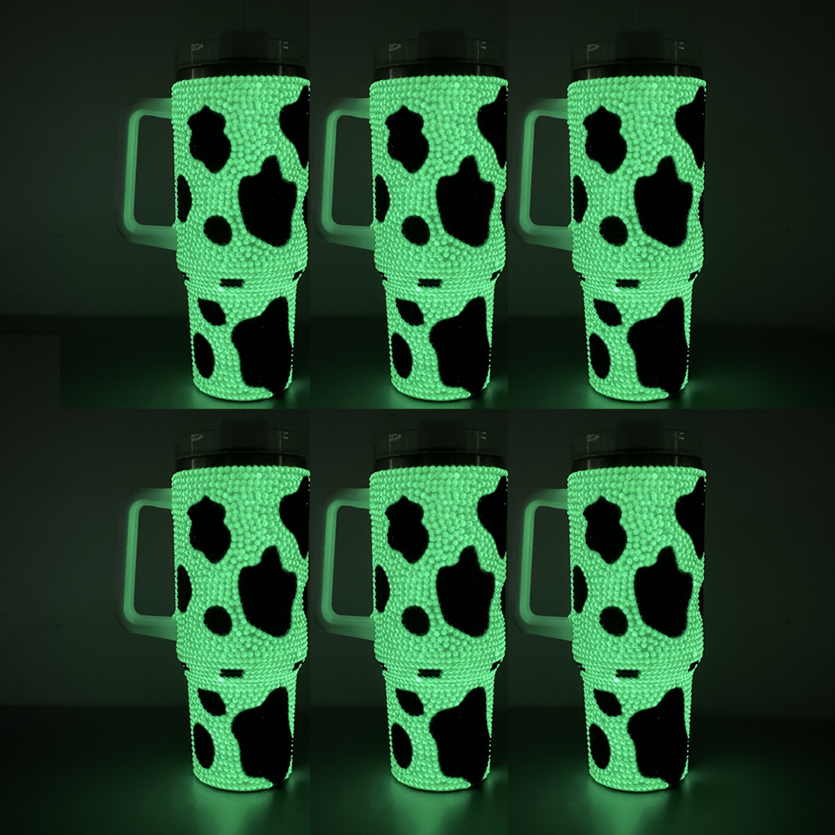 Bling cow print green glowing Coffee Tumbler stainless steel 40oz rhinestone studded tumbler glow in the dark with handle