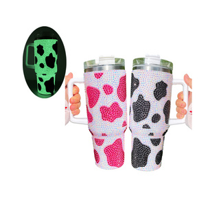 Bling cow print green glowing Coffee Tumbler stainless steel 40oz rhinestone studded tumbler glow in the dark with handle