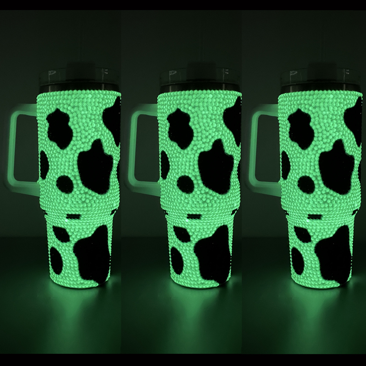 Bling cow print green glowing Coffee Tumbler stainless steel 40oz rhinestone studded tumbler glow in the dark with handle