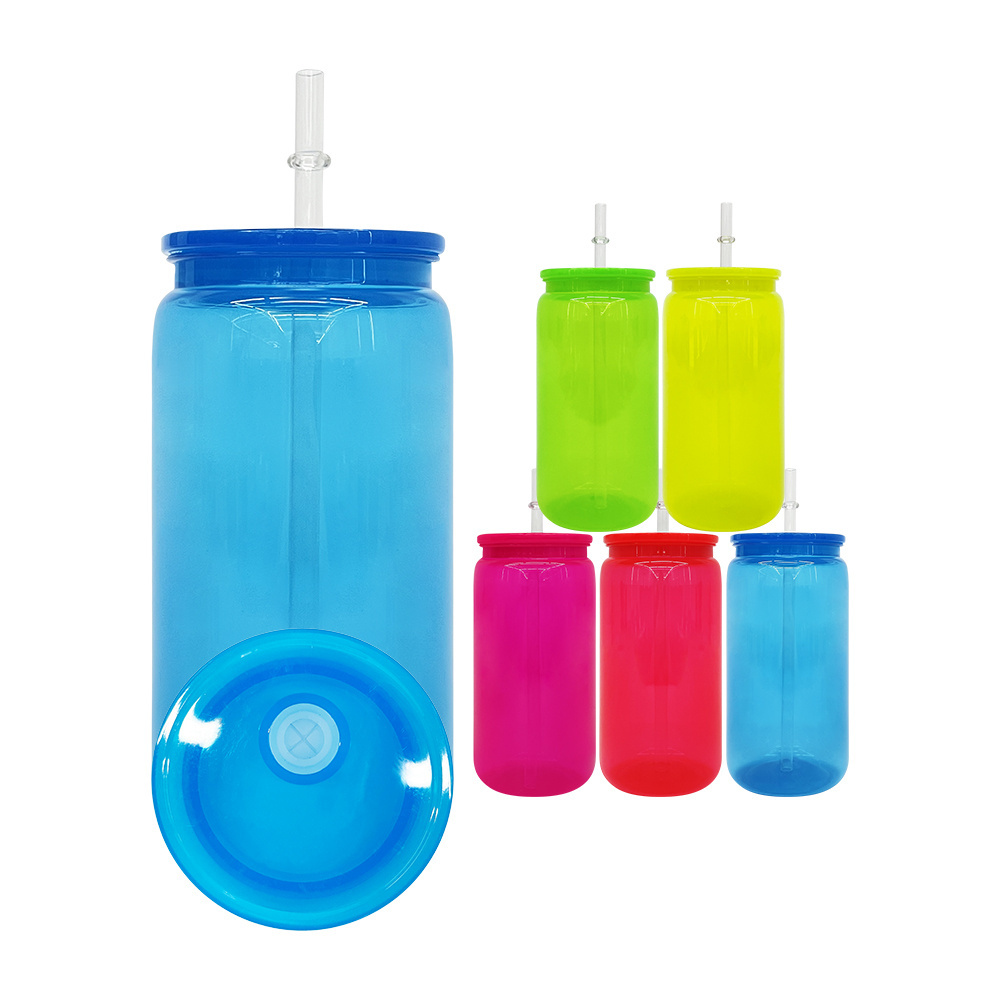 USA warehouse kids children can shaped neon colored beer cups 16oz plastic acrylic soda can with colorful pp lids