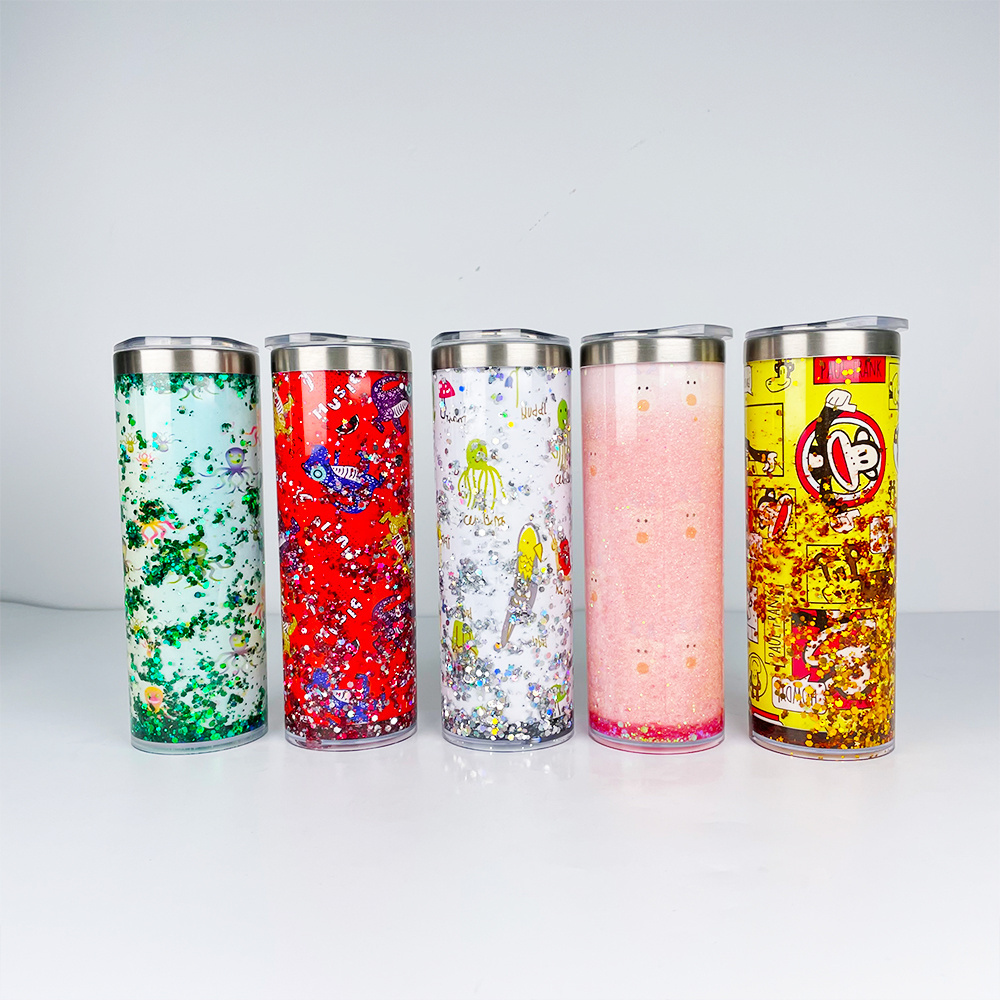 USA warehouse 20oz White sublimation blanks DIY glitter snow globe straight storyboard photo stainless steel tumbler with hole