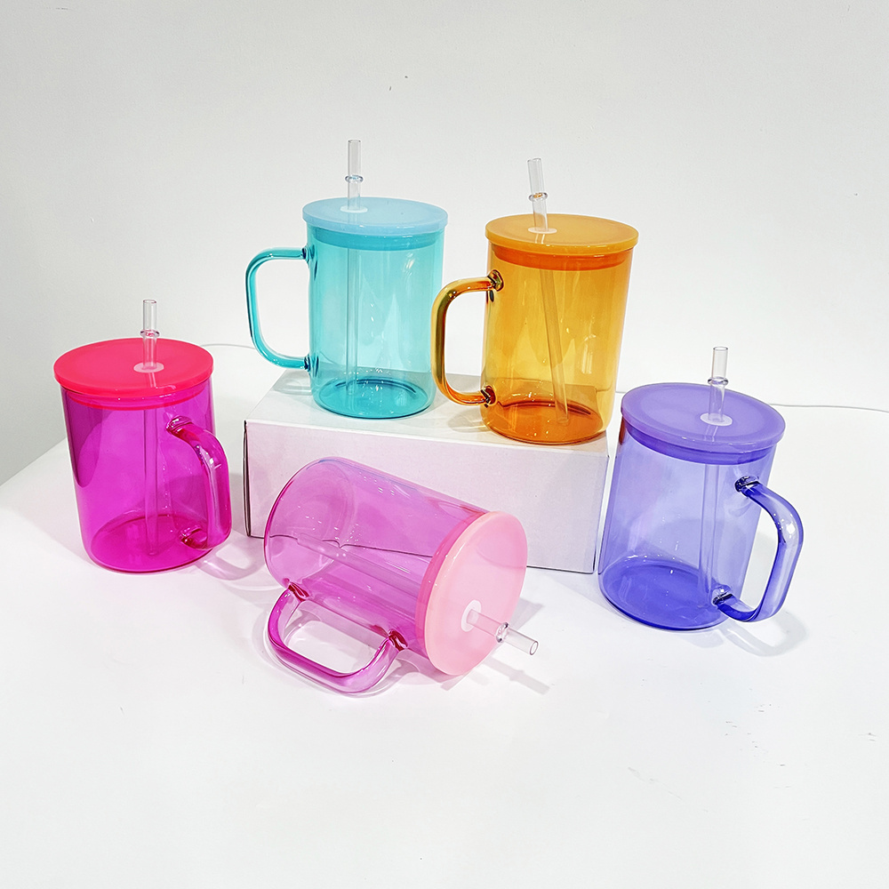 Tea Milk Beer transparent colored clear jelly plastic lids Coffee Mugs with Handle for hot chocolate and coffee