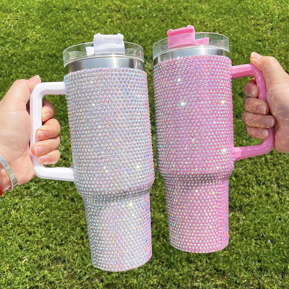 Yipai New Super Sparkly Crystal Rhinestones Stainless Steel Full Bling beer mug water bottle 40oz tumbler with Handle and Straw