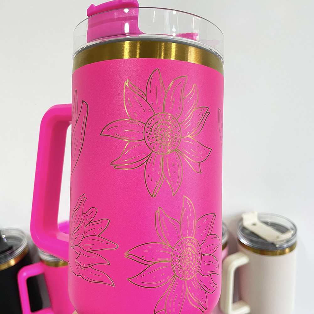 Laser Engraved powder coated stainless steel 40oz cream copper tumbler with handle for Sunflower Laser Engrave