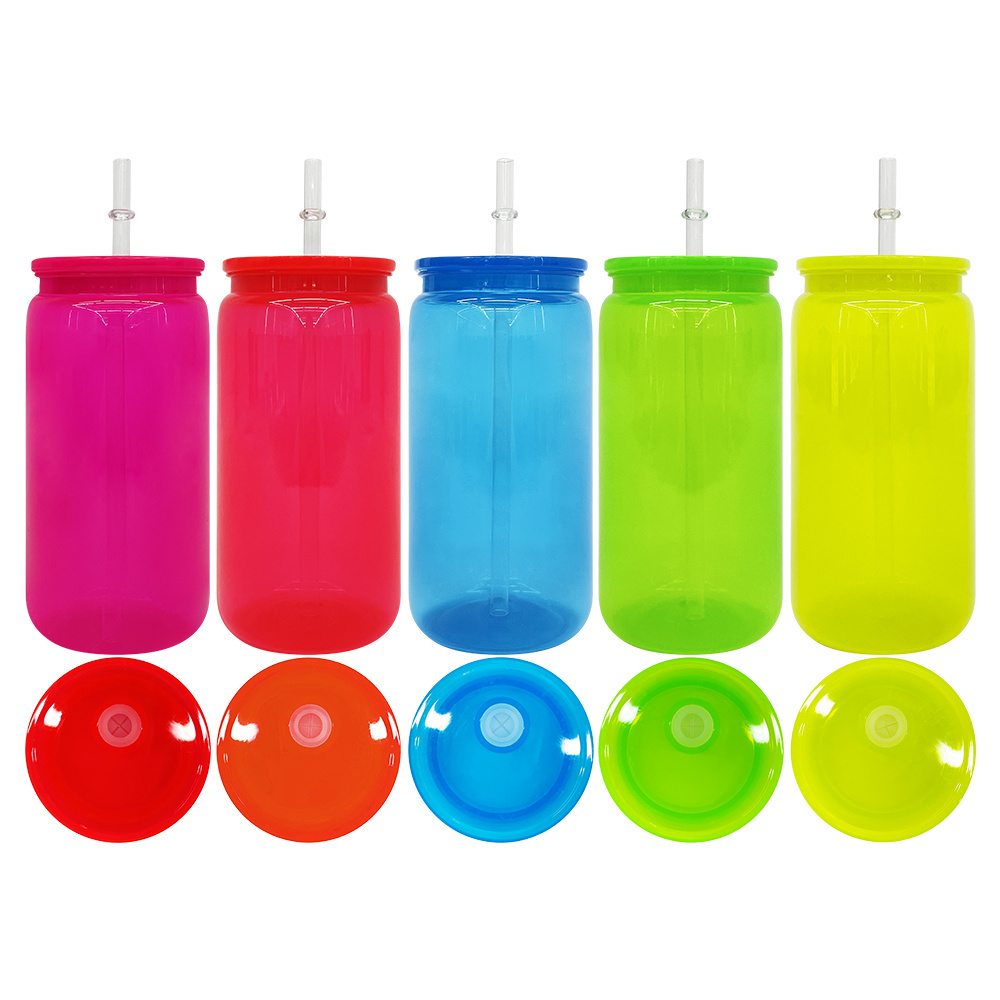 USA warehouse kids children can shaped neon colored beer cups 16oz plastic acrylic soda can with colorful pp lids