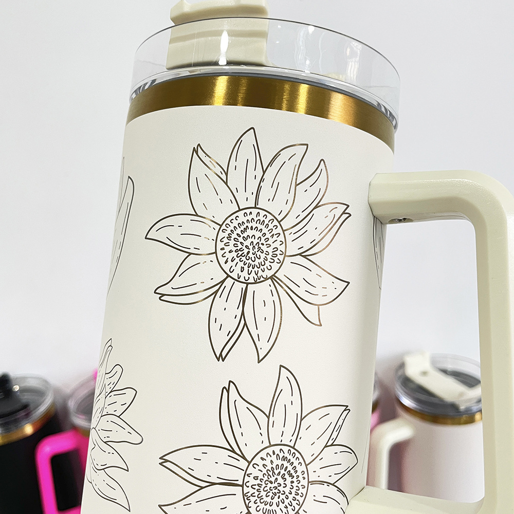 Laser Engraved powder coated stainless steel 40oz cream copper tumbler with handle for Sunflower Laser Engrave