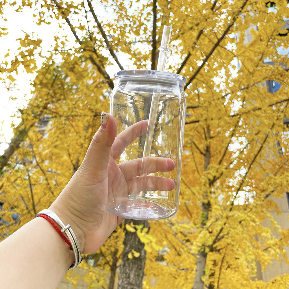 16oz  clear transparent plastic acrylic soda can with straw and lids for UV DTF wraps for iced coffee, soda, Pop