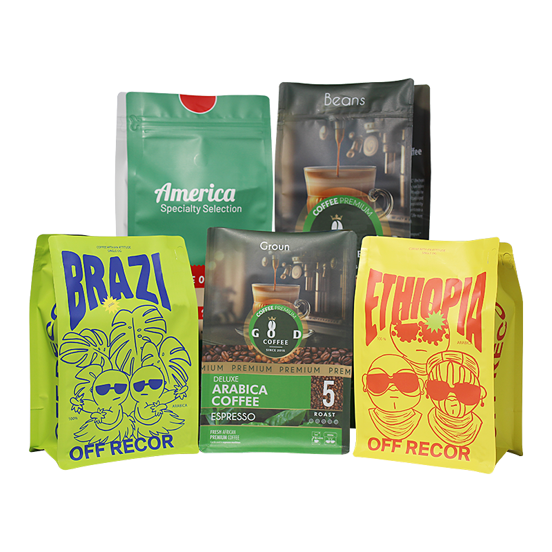 Custom printed kraft compostable empty flat bottom coffee bags with valve and zipper for coffee bean/tea packaging