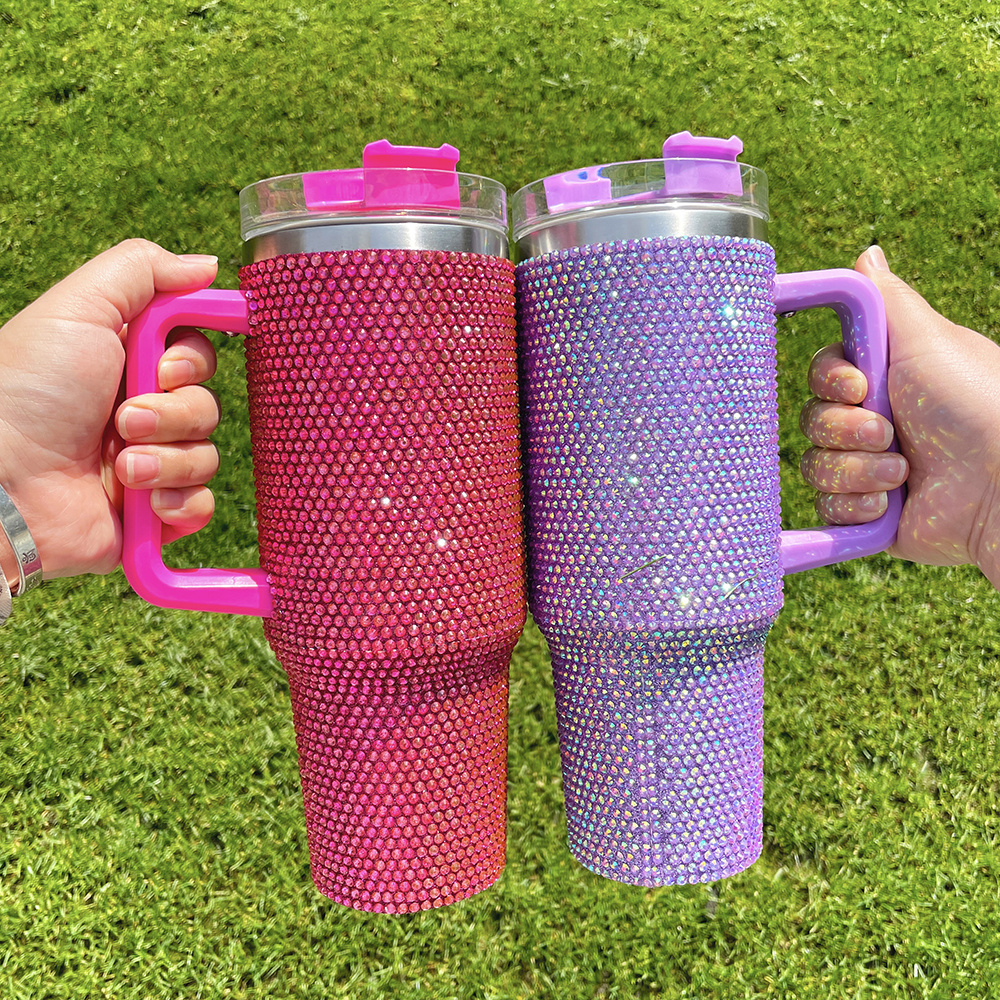 RTS stainless steel tumbler colored Rhinestone 40oz water bottle with Handle Lid and Straw vacuum insulated coffee mug