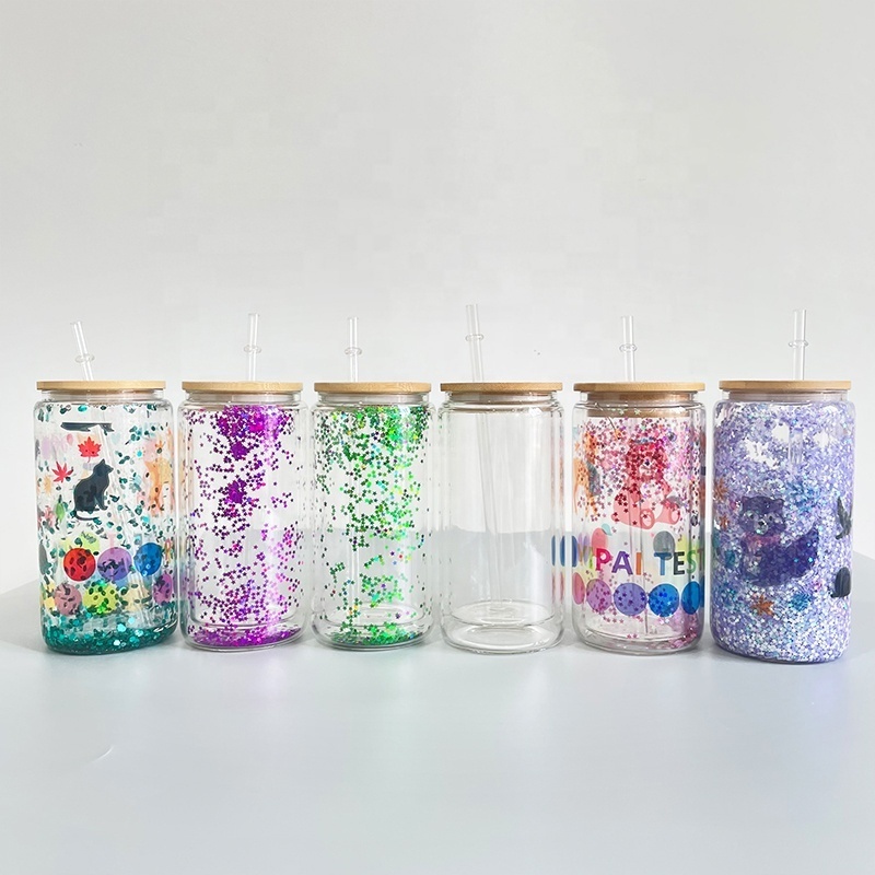 new arrival sublimation clear 12oz snow globe double wall soda can glass for DIY glitter with bamboo lid and straw