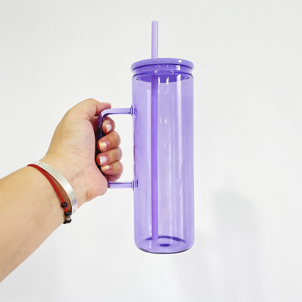 20oz Jelly Colored Borosilicate straight sublimation blanks clear glass tumbler with straw plastic lid 20oz handle glass mug