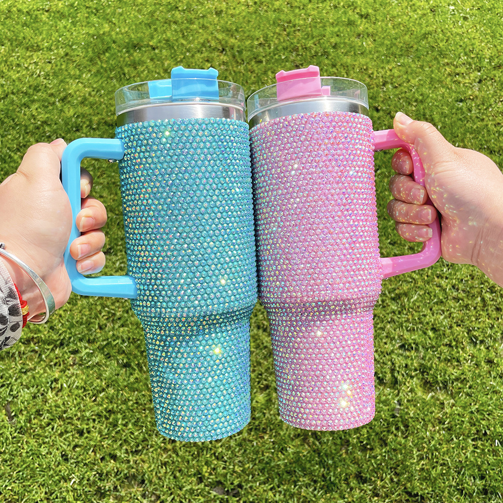 RTS stainless steel tumbler colored Rhinestone 40oz water bottle with Handle Lid and Straw vacuum insulated coffee mug