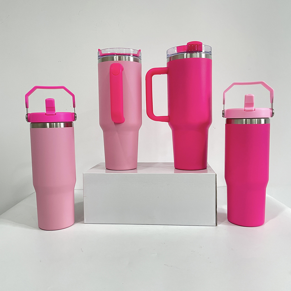 USA warehouse powder coated flamingo pink 40oz tumbler outdoor sports double walled Stainless Steel Tumbler With Handle