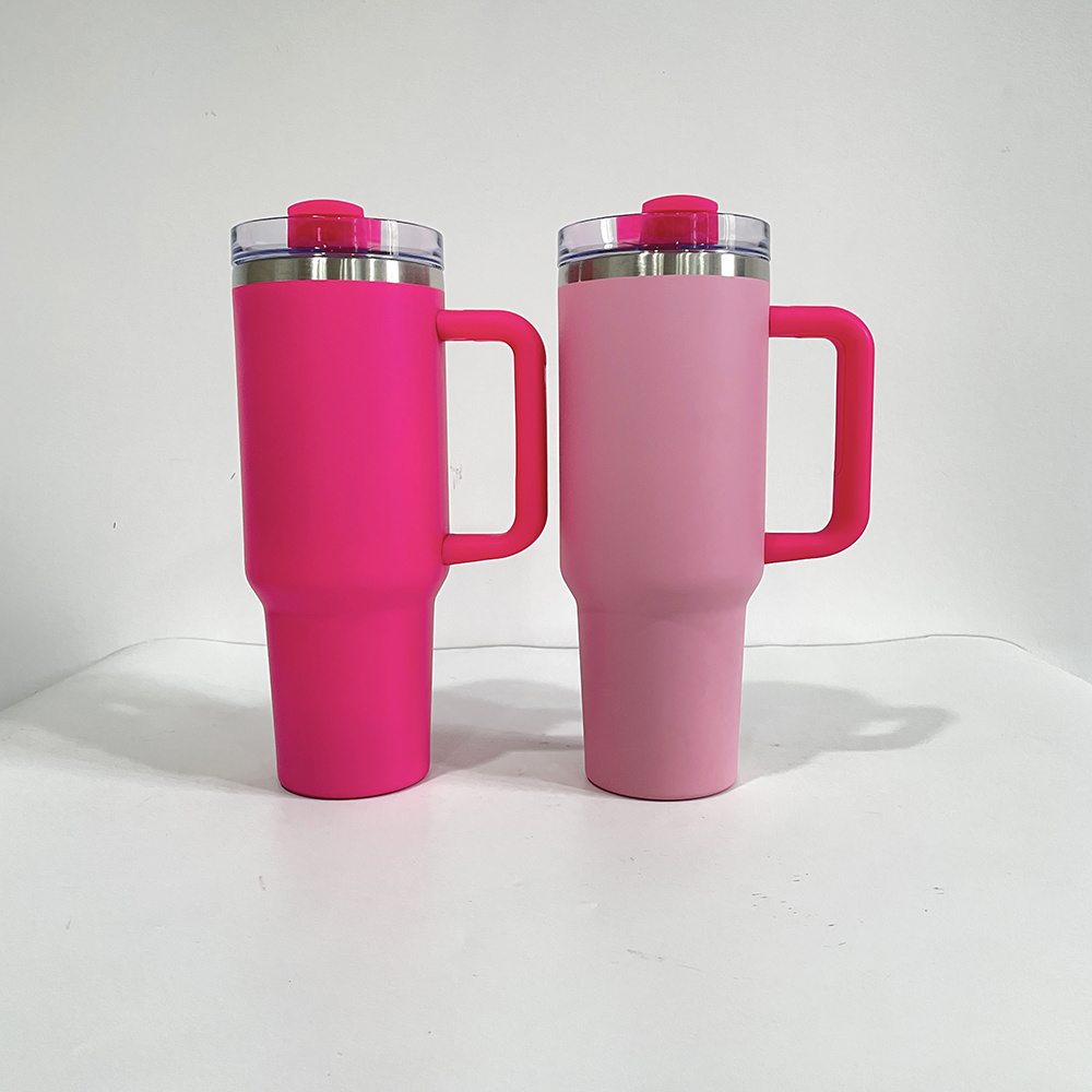 USA warehouse powder coated flamingo pink 40oz tumbler outdoor sports double walled Stainless Steel Tumbler With Handle