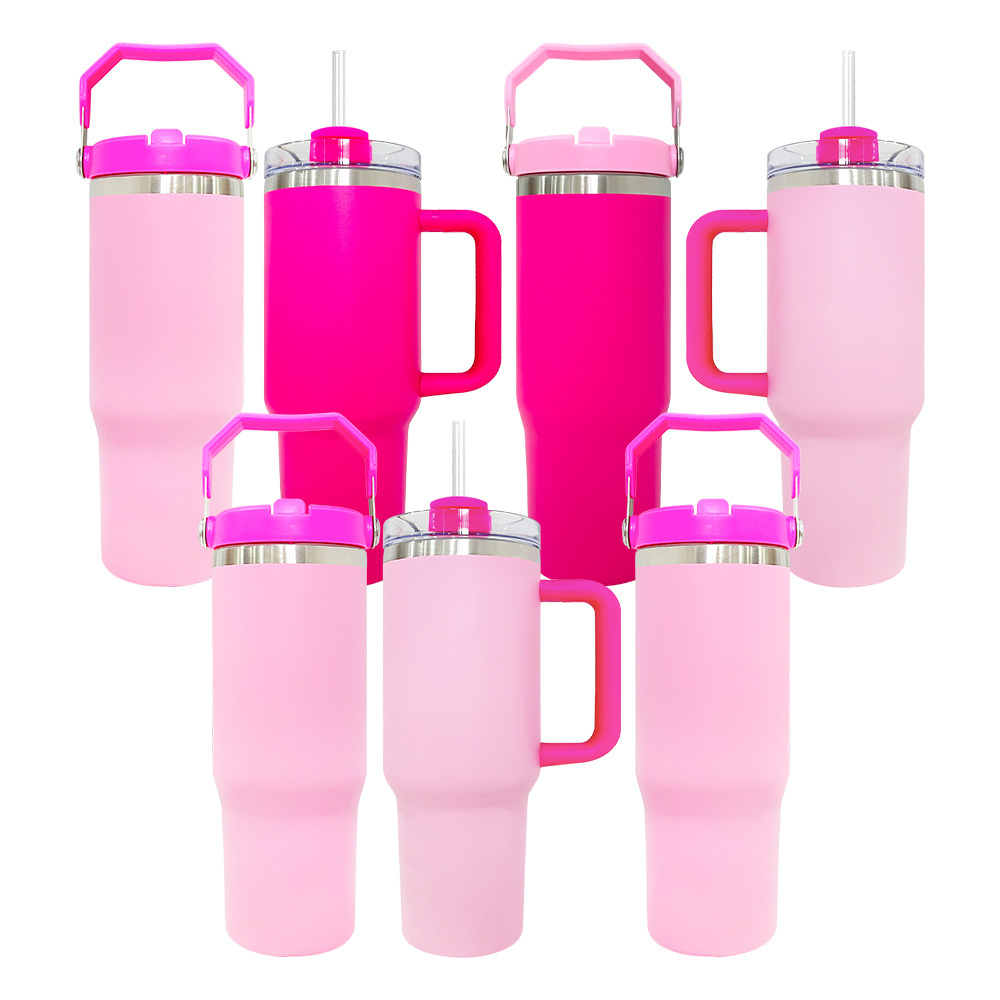 USA warehouse powder coated flamingo pink 40oz tumbler outdoor sports double walled Stainless Steel Tumbler With Handle