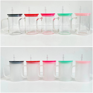 New 17oz blank sublimation crystal clear frosted jelly Mixed colors DIY glass coffee mugs with colorful plastic lids For  DIY