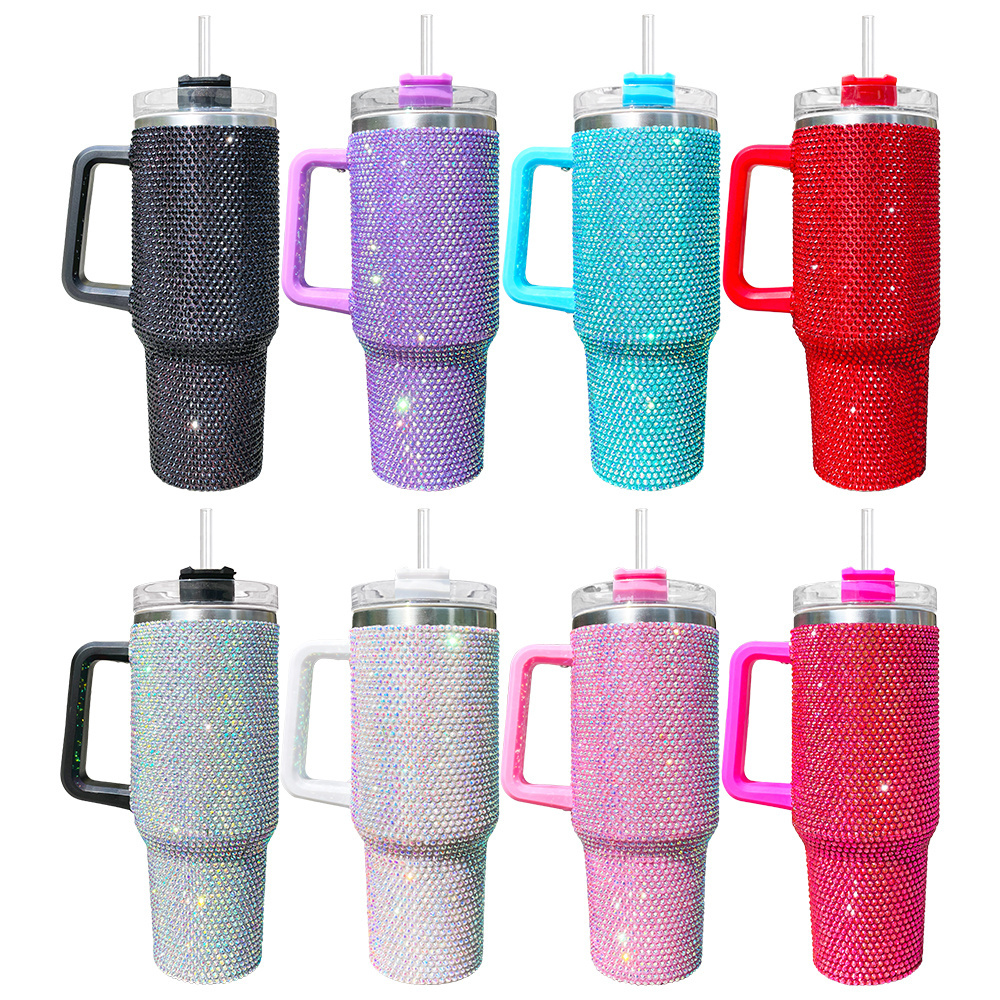 RTS stainless steel tumbler colored Rhinestone 40oz water bottle with Handle Lid and Straw vacuum insulated coffee mug