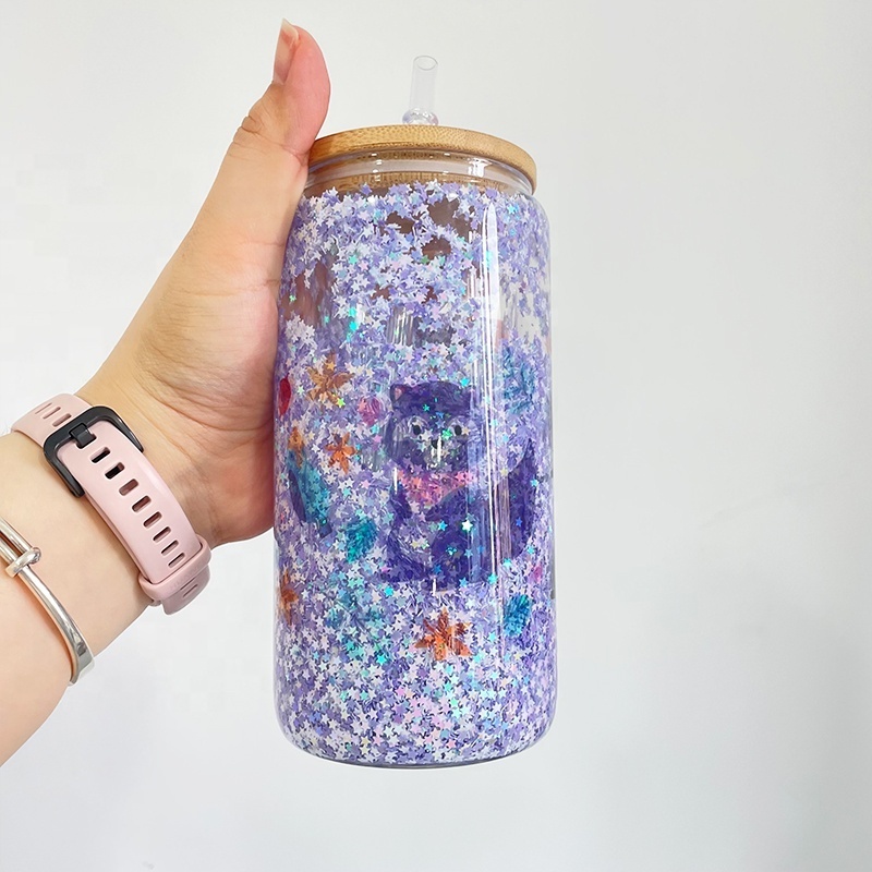 new arrival sublimation clear 12oz snow globe double wall soda can glass for DIY glitter with bamboo lid and straw