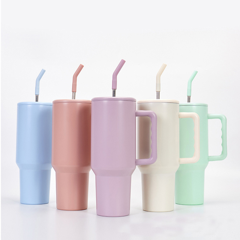 sublimation blank 40oz macaron colored stainless steel tumbler with handle and silicone metal straw for hot and cold drinking