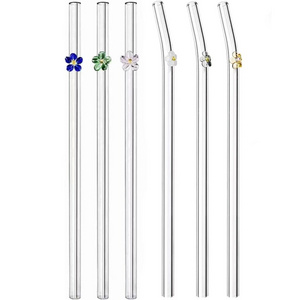 Multicolor Reusable glass straws with flower butterfly turtle design on clear Bent Drinking Straws for Smoothie Cocktail Juice