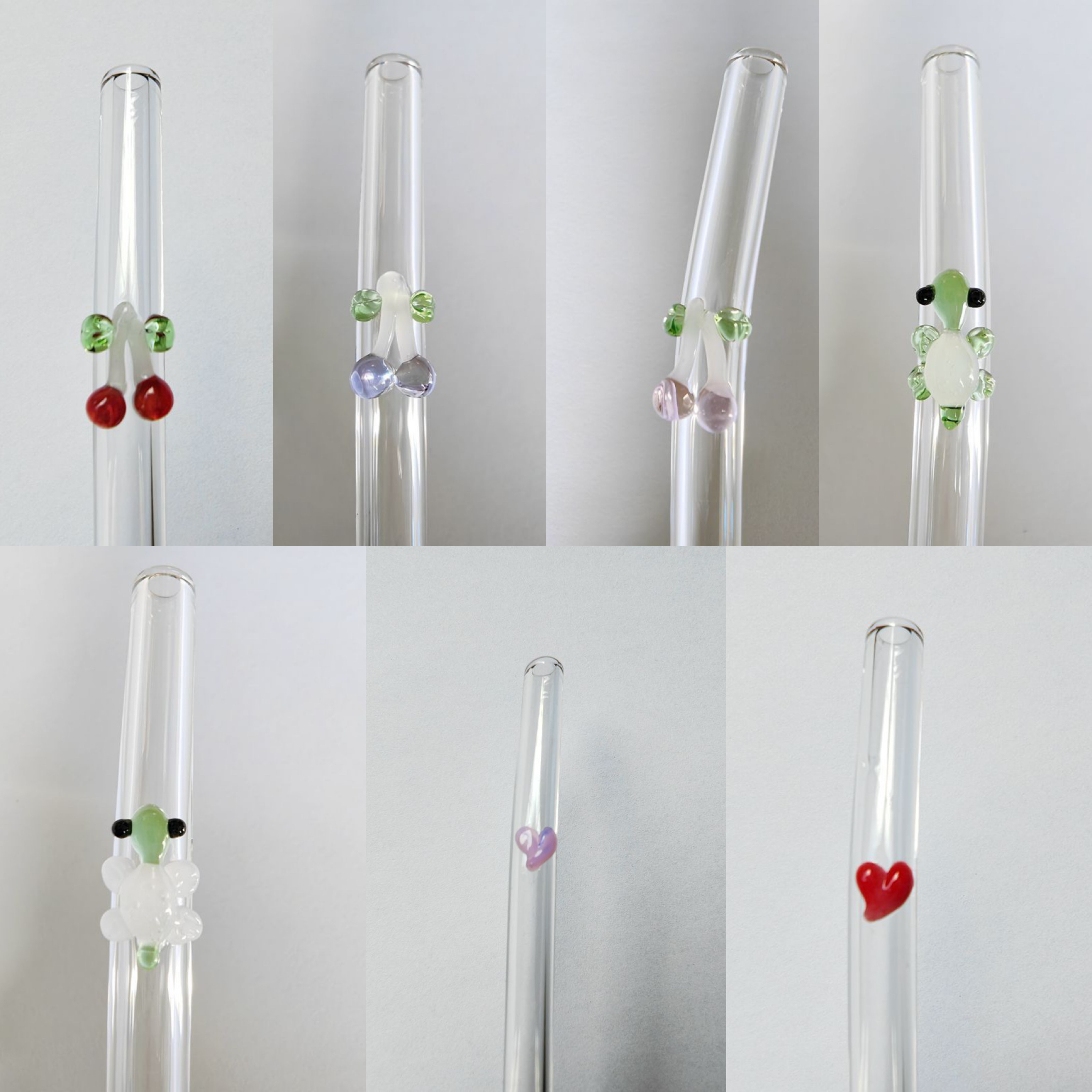 Multicolor Reusable glass straws with flower butterfly turtle design on clear Bent Drinking Straws for Smoothie Cocktail Juice