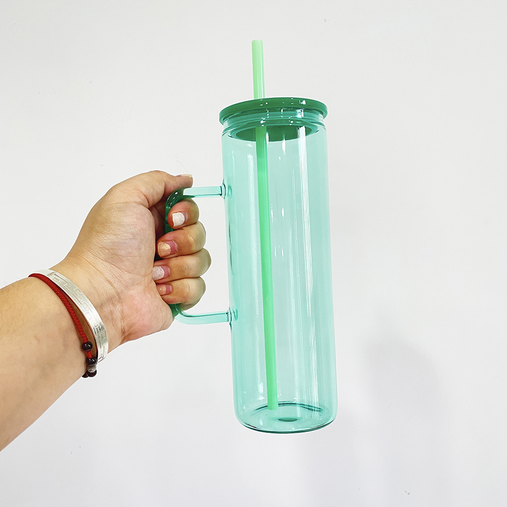 20oz Jelly Colored Borosilicate straight sublimation blanks clear glass tumbler with straw plastic lid 20oz handle glass mug