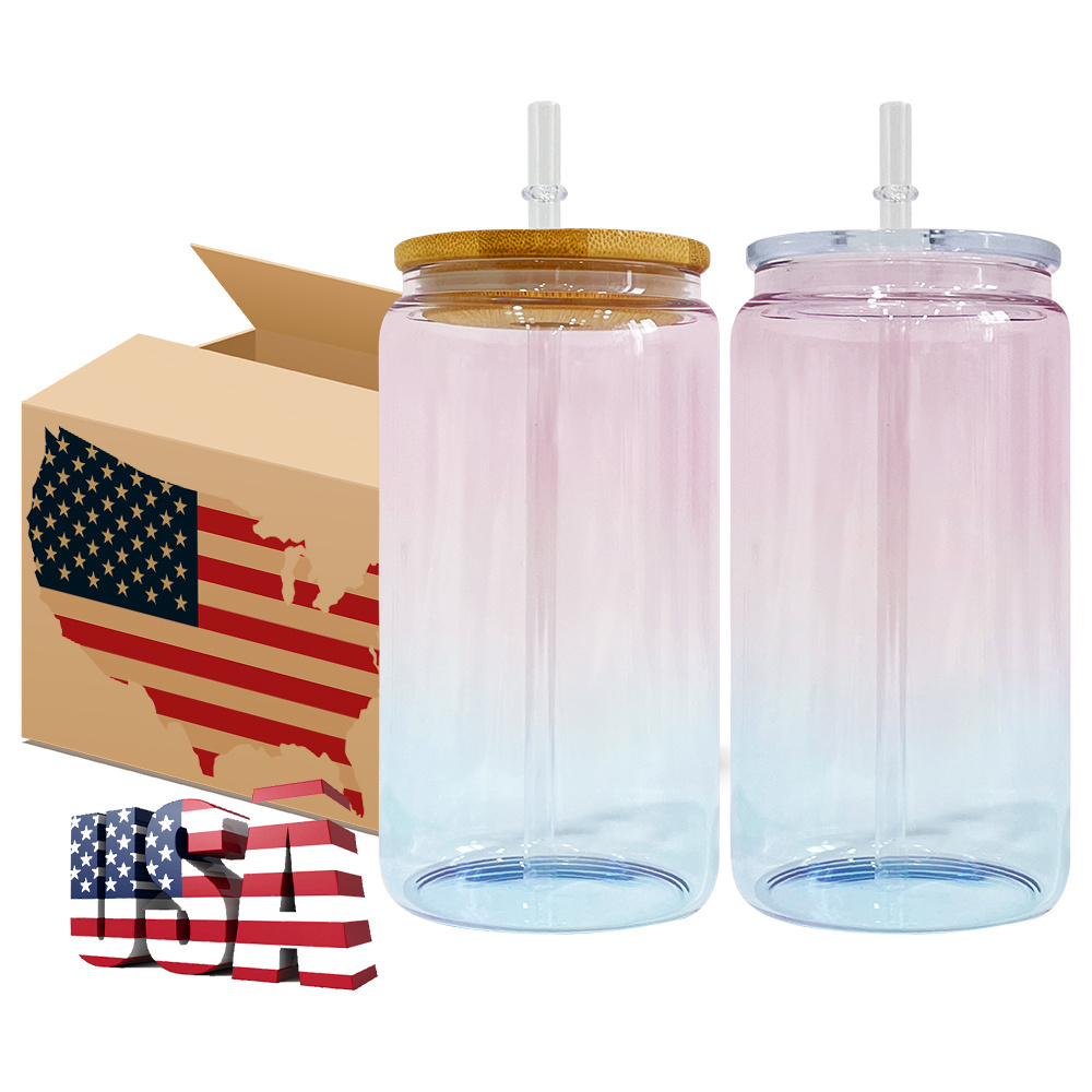 16oz Clear Ombre Crystal Ocean Drinking Glasses blank sublimation Can Shaped Glass 16oz beer glass can for UV DTF wraps