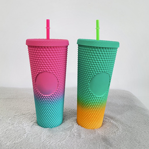 Factory price reusable 16oz 24oz double wall Crystal plastic Acrylic bling glitter matte Rainbow tumbler cup With Leak Proof Lid