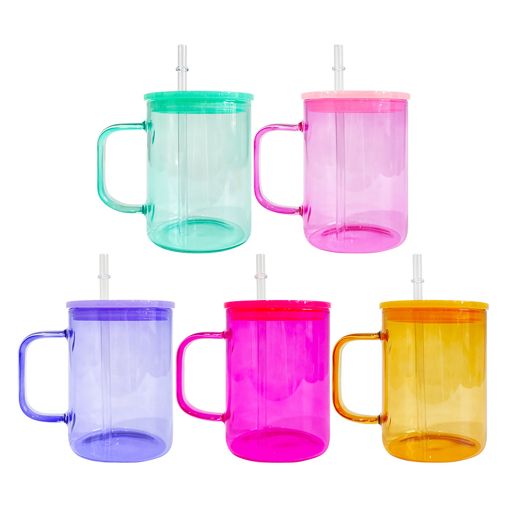 New 17oz blank sublimation crystal clear frosted jelly Mixed colors DIY glass coffee mugs with colorful plastic lids For  DIY