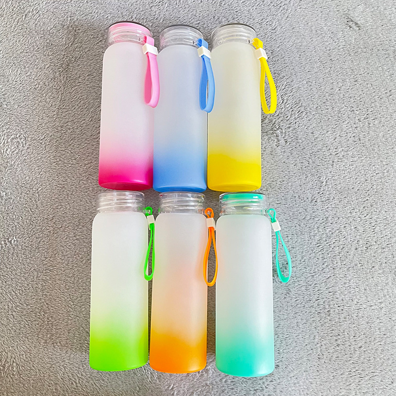 17oz 500ml Portable Sport blank sublimation ombre gradient frosted mixed color Leakproof glass Drink Bottle for customized gifts