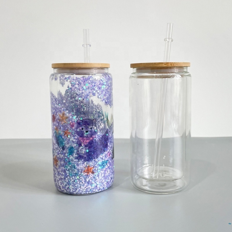 new arrival sublimation clear 12oz snow globe double wall soda can glass for DIY glitter with bamboo lid and straw