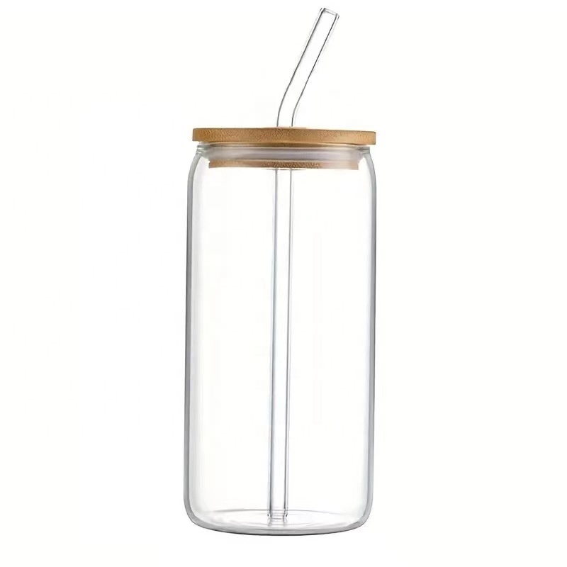 Glass 12 oz 16 oz Soda Pop Clear Can Shaped Transparent Cup Clear Glass Tumblers With Leak Proof Bamboo Lid And glass Straw