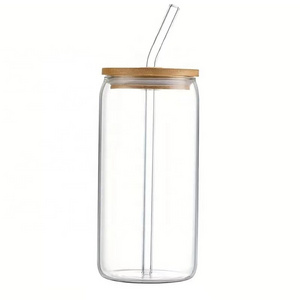 Glass 12 oz 16 oz Soda Pop Clear Can Shaped Transparent Cup Clear Glass Tumblers With Leak Proof Bamboo Lid And glass Straw