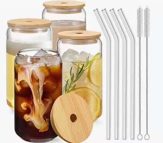 Glass 12 oz 16 oz Soda Pop Clear Can Shaped Transparent Cup Clear Glass Tumblers With Leak Proof Bamboo Lid And glass Straw